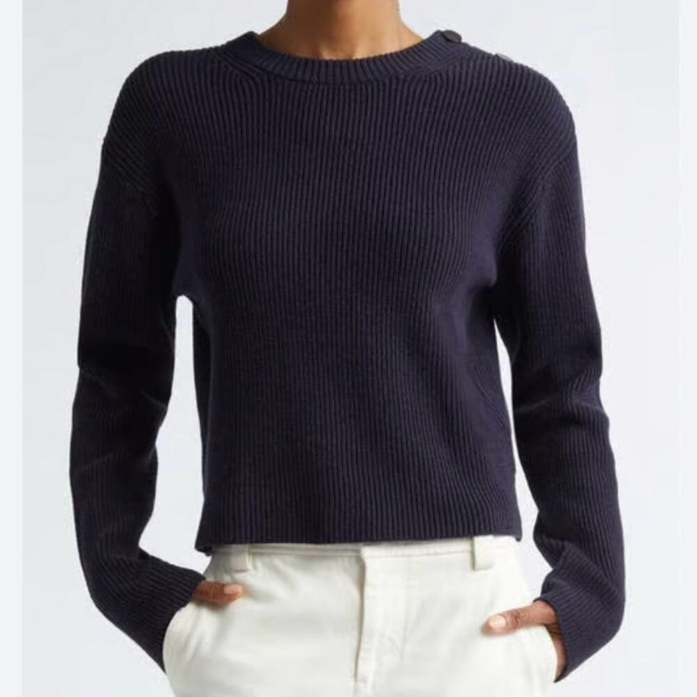 NEW Size Medium Vince Coastal Blue Button Shoulder Cotton Blend Crewneck Sweater